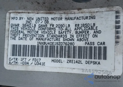 2009 Toyota Corolla S from USA, damaged, VIN 1NXBU40E19Z076280